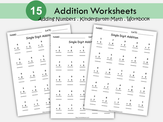 15 Printable Addition Worksheets | Single Digit Sums Practice Up to 20 | Math Drills for Kindergarten & 1st Grade | Homeschool Resource, WWF106