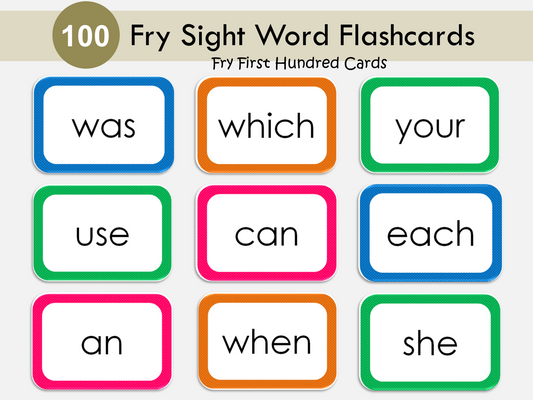 Fry First 100 Sight Words Flashcards Printable | Colorful Border | 4 Cards Per Page | Early Reading Practice for Preschool and Kindergarten, WWF131