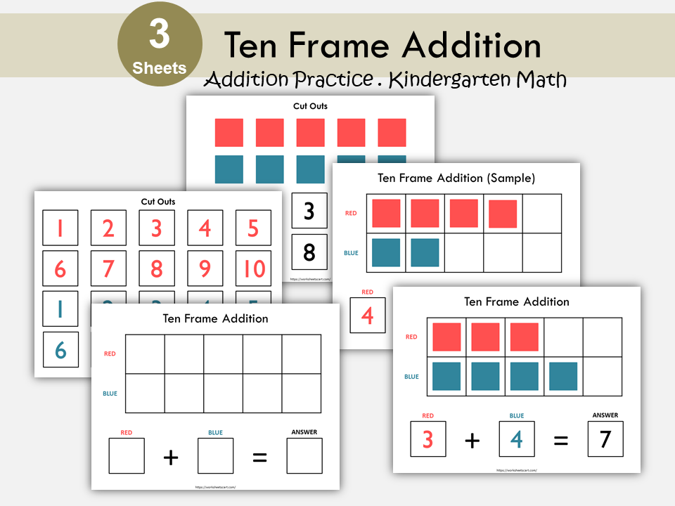 Addition Mat up to 10, Addition Worksheets, Numbers 1-10, Addition Facts, Ten Frame Printable, Toddler, Kindergarten, Homeschool, WWF144