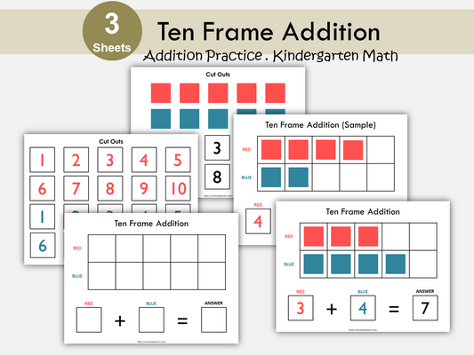 Addition Mat up to 10, Addition Worksheets, Numbers 1-10, Addition Facts, Ten Frame Printable, Toddler, Kindergarten, Homeschool, WWF144