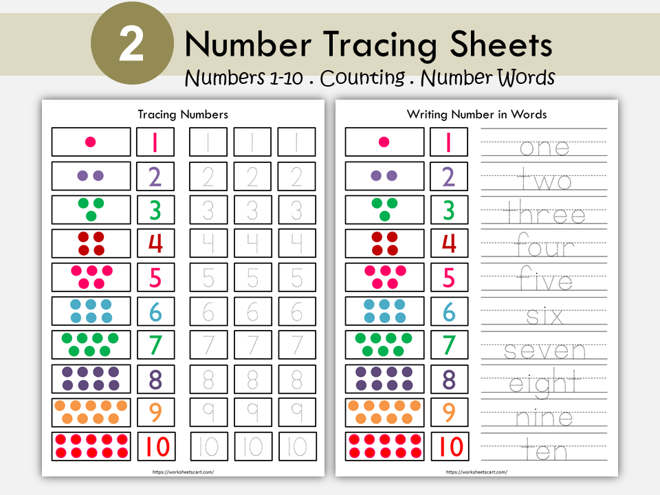 Tracing Numbers 1-10, Number Tracing Worksheets, Preschool, PreK, Kindergarten Math, Toddlers Activity, Number Words, Teacher Resource, WWF147
