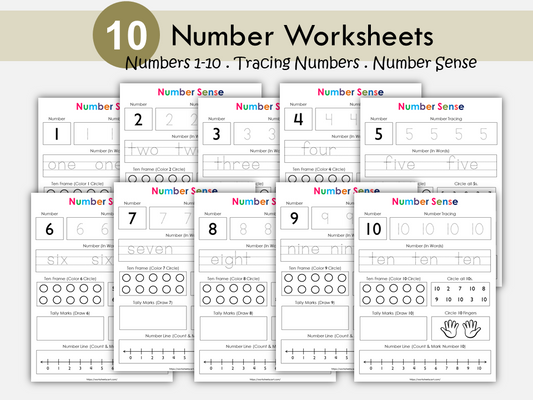 Number Tracing Worksheets (1-10), Preschool Worksheets, Number of the Day, Number Sense, Kindergarten Math, Digital Download, WWF153