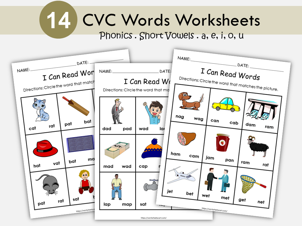 Phonics Worksheets, CVC Words, CVC Objects, Preschool Printable, Short Vowels, Kindergarten Reading, 3 Letters Words, First Grade, WWF161