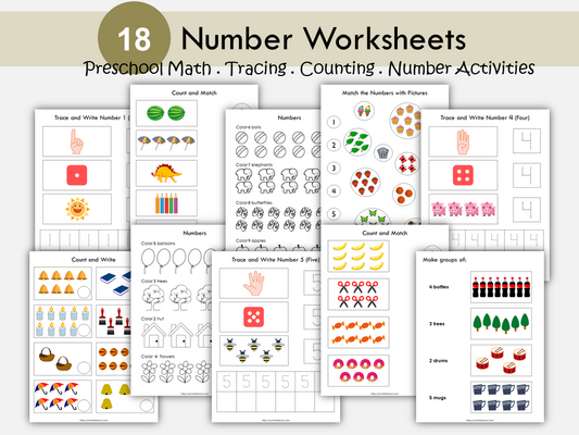 Preschool & Kindergarten Math Worksheets, Number Tracing, Counting, Matching, Coloring, Writing, Grouping Activities Printable PDF, WWF163