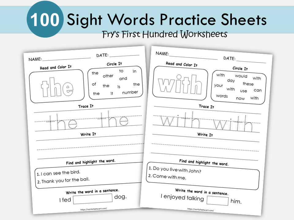 Sight Word Worksheets Printable, Fry First Hundred, 100 High Frequency Words, Learn to Read, Write, Kindergarten, Grade 1, Phonics Book, WWF165
