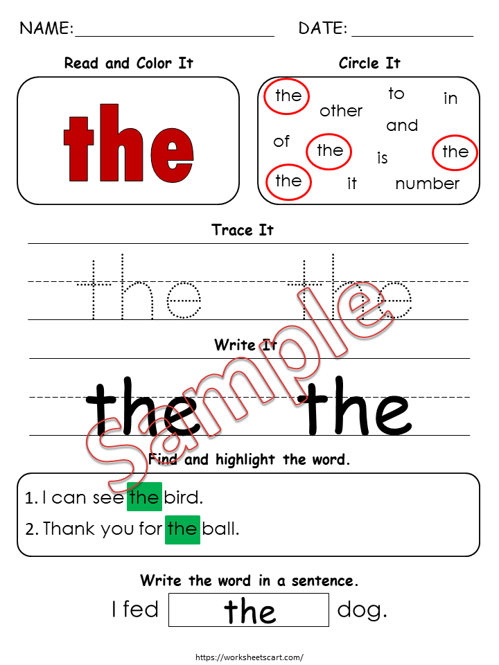 Sight Word Worksheets Printable, Fry First Hundred, 100 High Frequency Words, Learn to Read, Write, Kindergarten, Grade 1, Phonics Book, WWF165