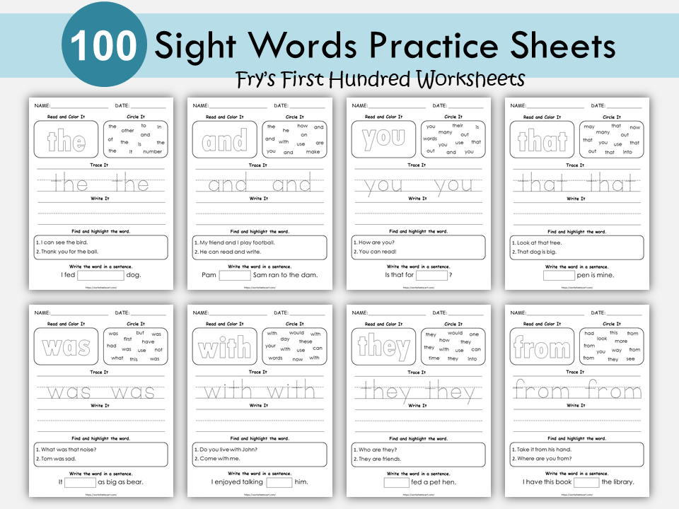 Sight Word Worksheets Printable, Fry First Hundred, 100 High Frequency Words, Learn to Read, Write, Kindergarten, Grade 1, Phonics Book, WWF165