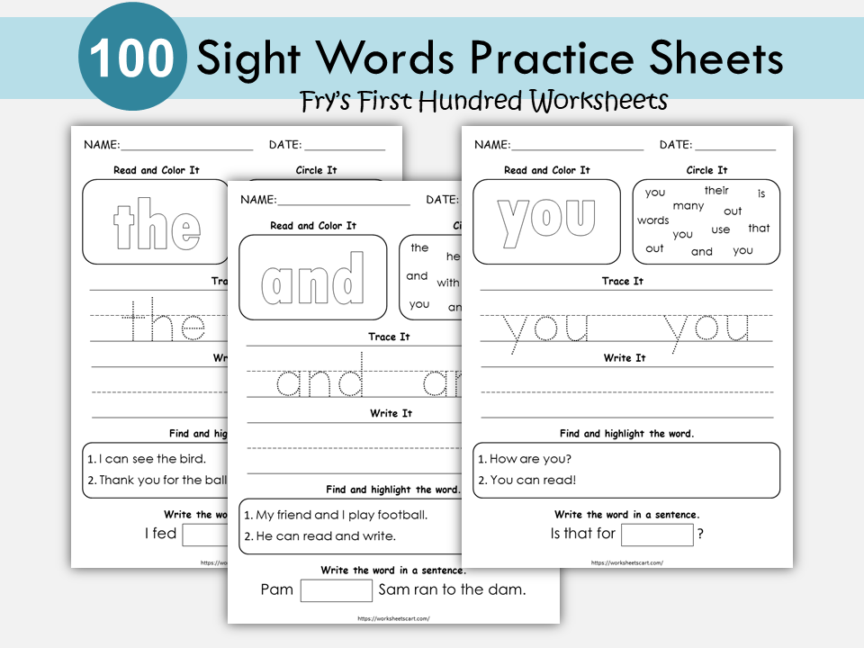 Sight Word Worksheets Printable, Fry First Hundred, 100 High Frequency Words, Learn to Read, Write, Kindergarten, Grade 1, Phonics Book, WWF165