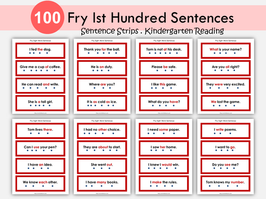 Fry Sight Words Sentence Strips, Simple Sentences, Fry First Hundred Printable, Sentence Building, Kindergarten Reading, First Grade, WWF166