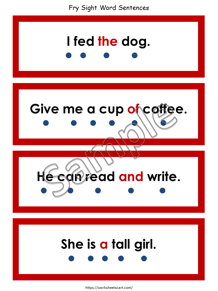 Fry Sight Words Sentence Strips, Simple Sentences, Fry First Hundred Printable, Sentence Building, Kindergarten Reading, First Grade, WWF166