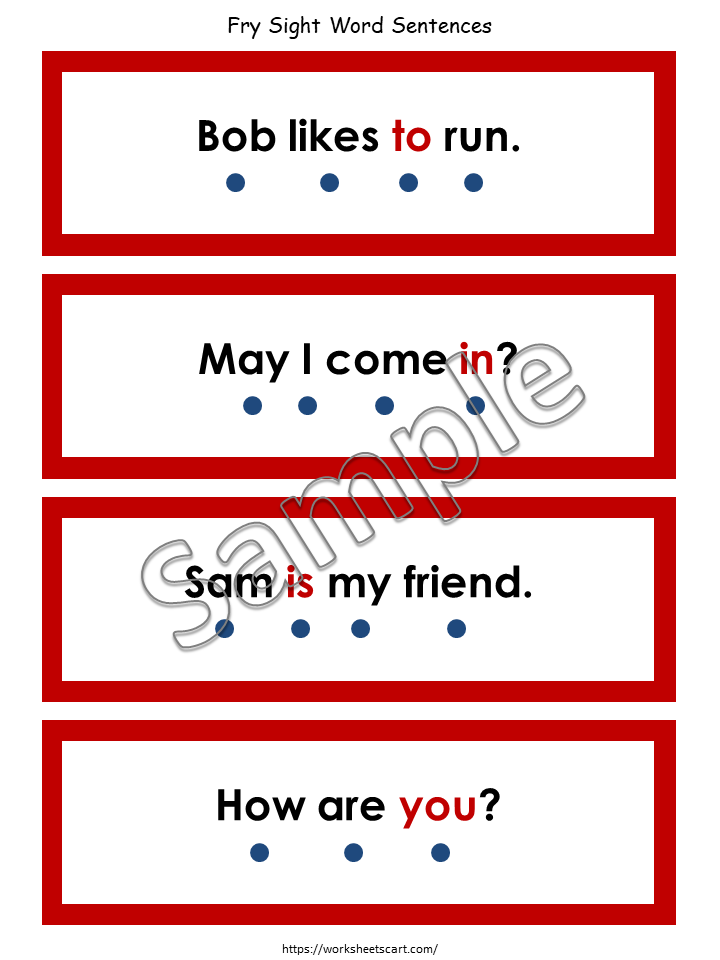 Fry Sight Words Sentence Strips, Simple Sentences, Fry First Hundred Printable, Sentence Building, Kindergarten Reading, First Grade, WWF166