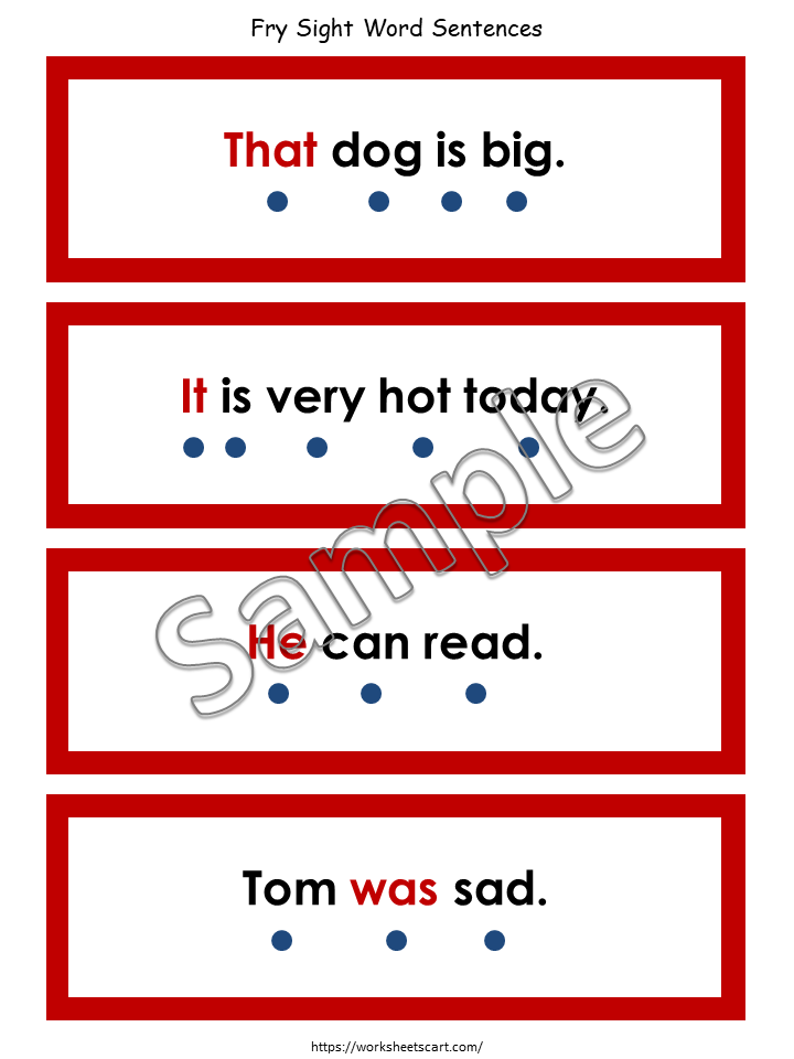 Fry Sight Words Sentence Strips, Simple Sentences, Fry First Hundred Printable, Sentence Building, Kindergarten Reading, First Grade, WWF166