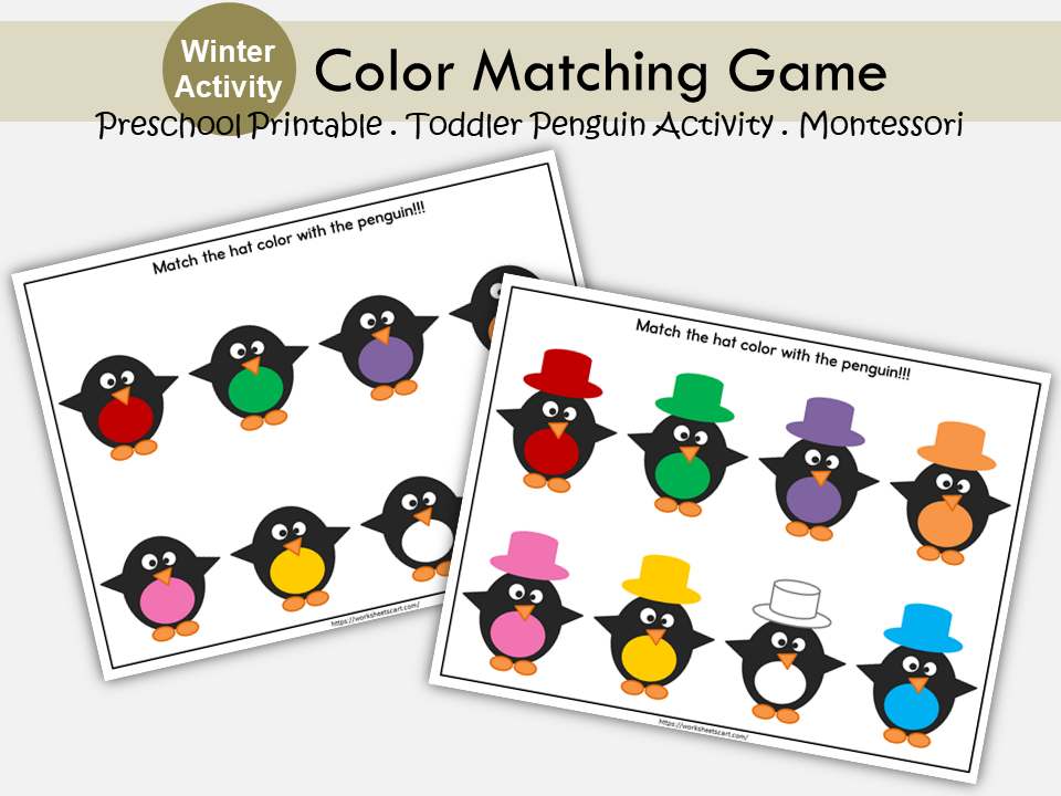 Color Matching Printable, Penguin Hat Color Matching Game For Toddlers, Busy Book, Color Activity, Busy Binder for Toddlers, Preschoolers, WWF178