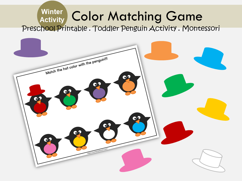 Color Matching Printable, Penguin Hat Color Matching Game For Toddlers, Busy Book, Color Activity, Busy Binder for Toddlers, Preschoolers, WWF178
