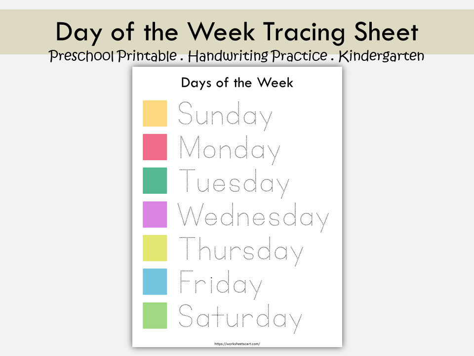 Days of the Week Tracing Worksheet, Days of the Week Printable, Handwriting Practice, Day's Name Tracing Sheet, Preschool, Kindergarten, WWF179
