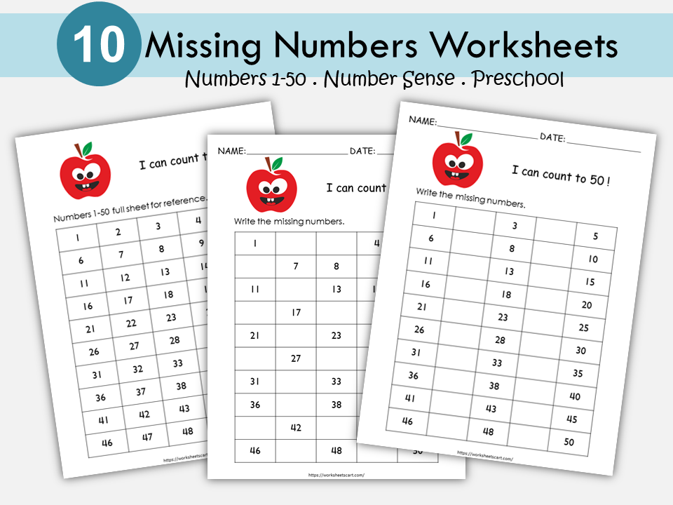 Missing Numbers Worksheets, Counting up to 50, Preschool-Kindergarten Math Worksheets, Learning Numbers, Kids Resources, Digital Download, WWF184