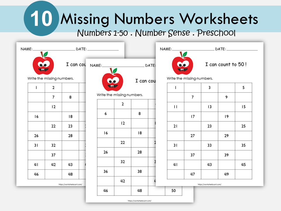 Missing Numbers Worksheets, Counting up to 50, Preschool-Kindergarten Math Worksheets, Learning Numbers, Kids Resources, Digital Download, WWF184