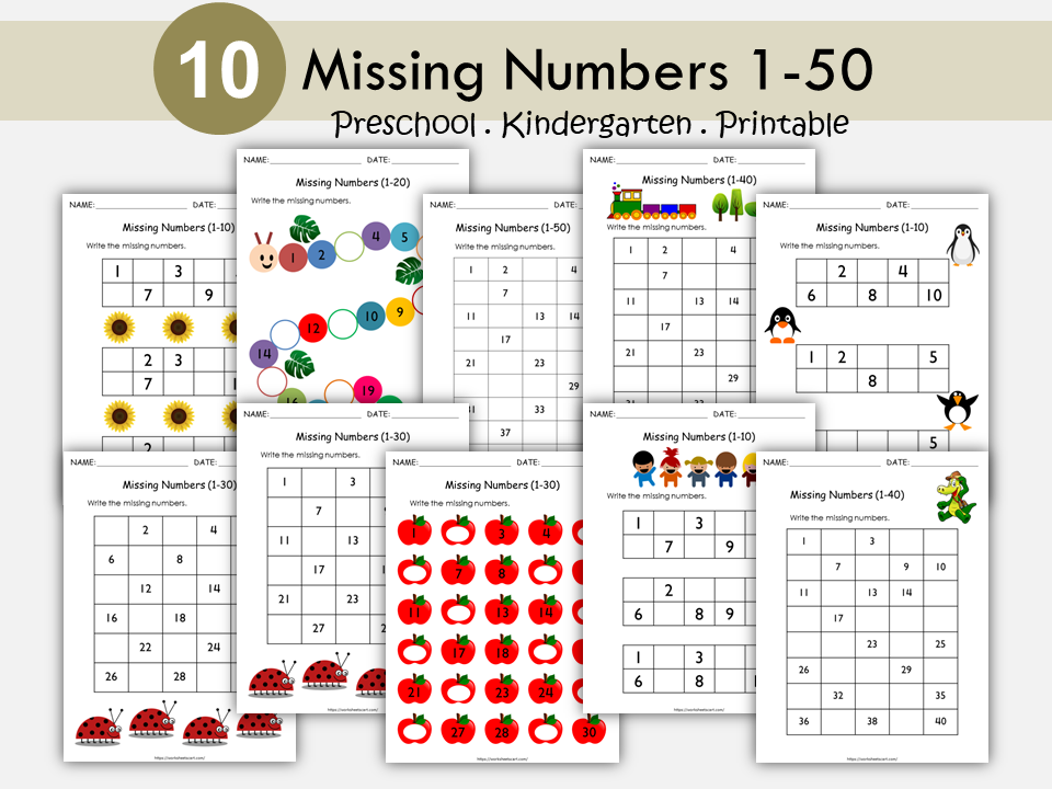 Missing Numbers 1-50 Worksheets Printable, Preschool Worksheets, Kindergarten Math Workbook for Kids, Counting, Number Sequence, Homeschool, WWF187