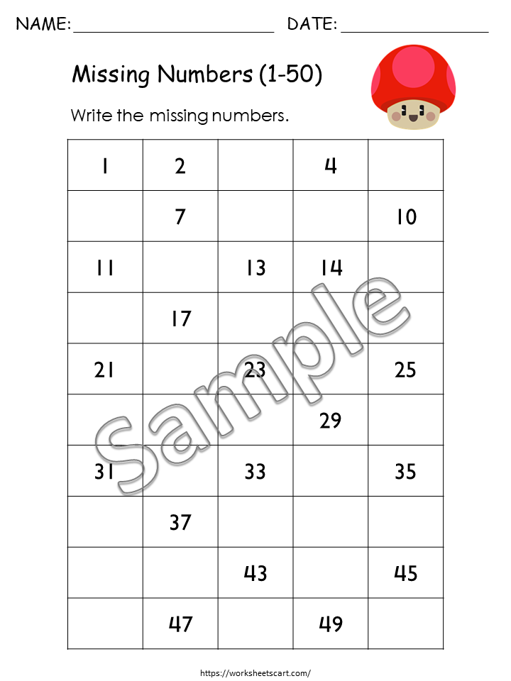 10 Colorful Missing Number Worksheets 1–50 | Preschool & Kindergarten Math Printables, WWF187