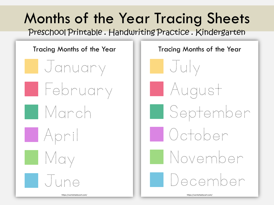Months Of The Year Worksheets, Months of the Year Practice Sheets, Handwriting, Tracing, Kindergarten, Preschool Printable, Educational, WWF188