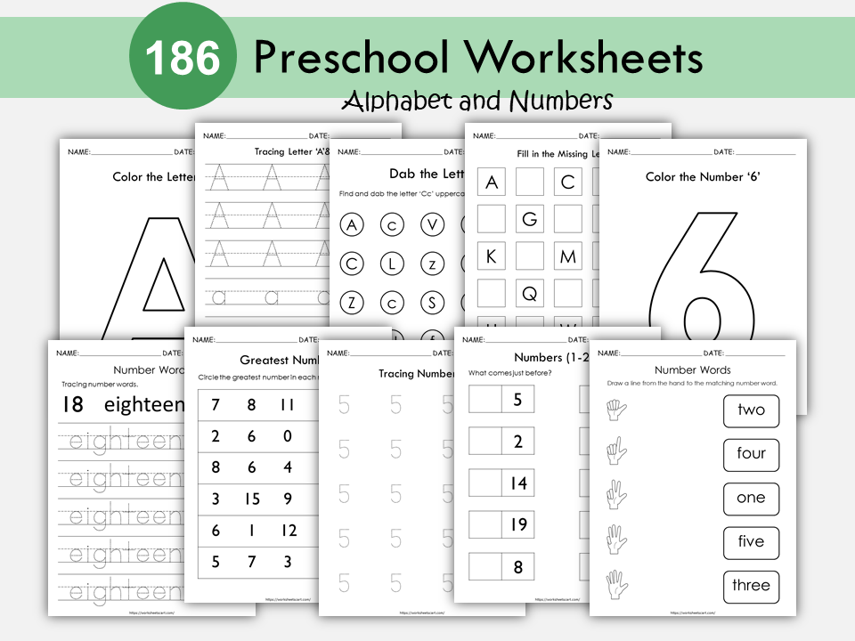 Alphabet and Numbers Worksheets, Preschool Worksheets, Pre K, Kindergarten Learning Bundle, Printable Toddler Worksheets, Tracing Workbook, WWF192