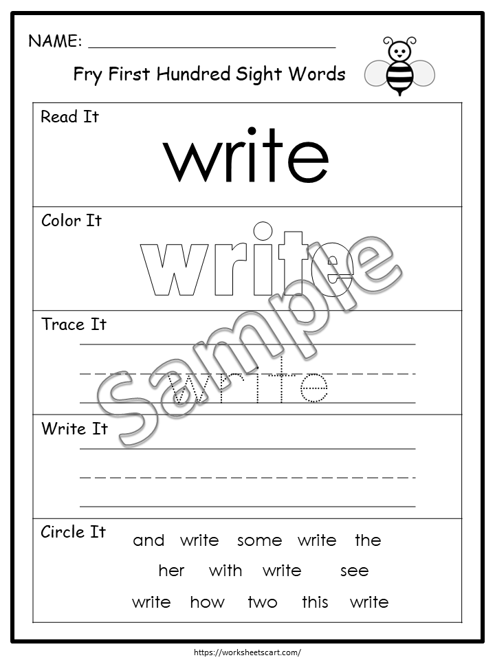 Fry First 100 Sight Words Worksheets Printable | Read Trace Write & Color Activities for Kindergarten Literacy, WWF193