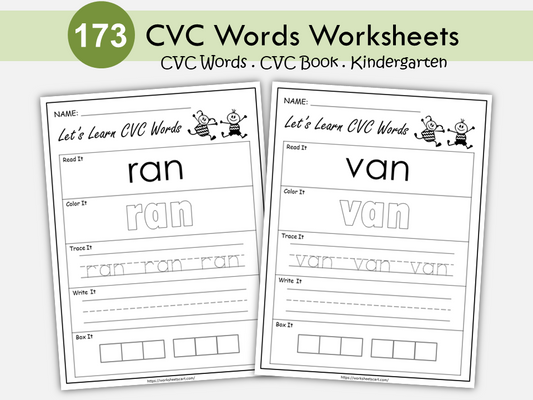 CVC Word Practice Worksheets | Read Color Trace Write Box It | Phonics Activities for Kindergarten & Preschool | Homeschool Resource, WWF194