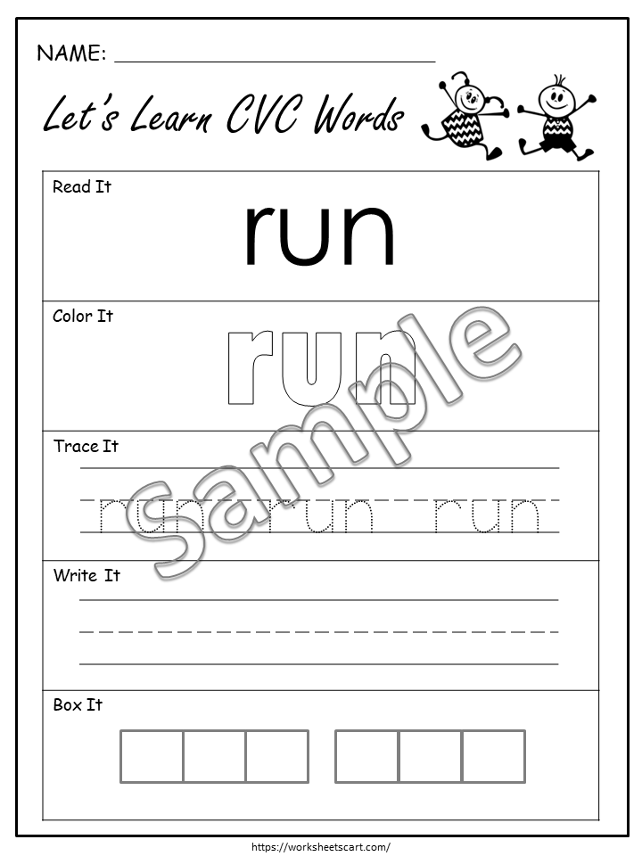 CVC Word Worksheets Printable Kindergarten Phonics Activities | Read Trace Write Color Short Vowel Literacy Practice, WWF194