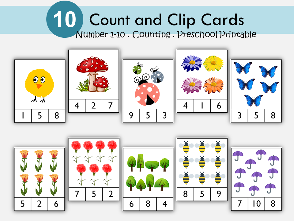 Number Preschool Printable, Number Clip Cards, Count and Clip Math Cards, Numbers 1-10, Counting Activity, Number Sense, Kindergarten Math, WWF198