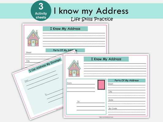 My Address Kids Activity, I Know My Address, Life Skills, Toddler Busy Binder, Kindergarten Address Practice Worksheet, Addressing Envelope, WWF199
