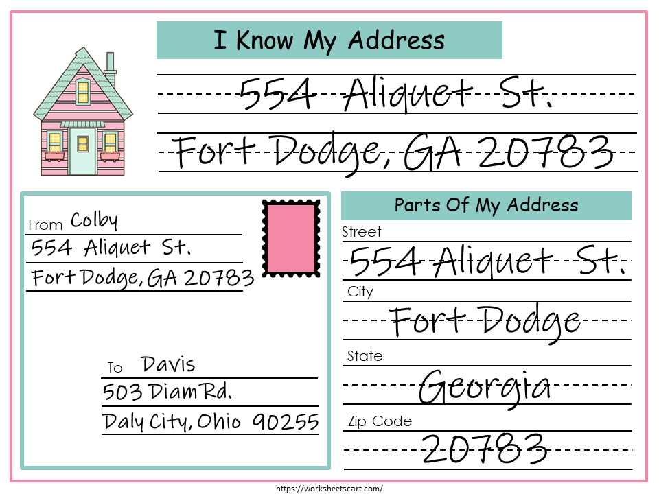 My Address Kids Activity, I Know My Address, Life Skills, Toddler Busy Binder, Kindergarten Address Practice Worksheet, Addressing Envelope, WWF199