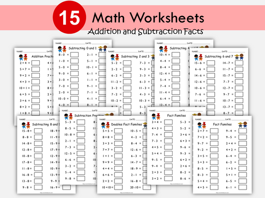 Addition and Subtraction Facts Worksheets Printable | Numbers up to 10 | Math Practice for Kindergarten and 1st Grade | Math Review Packet, WWF200