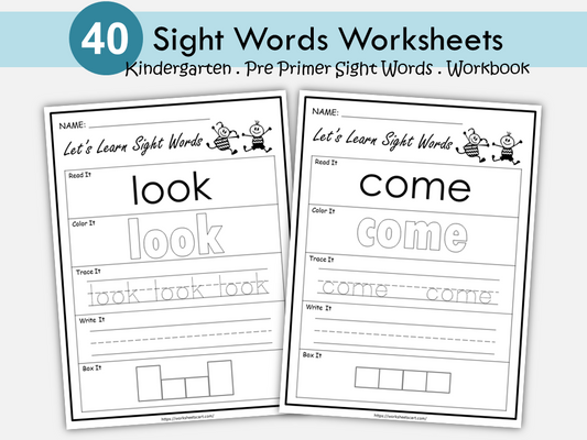 Sight Word Worksheet for Preschool, Dolch Pre Primer 40 Sight Words, Sight Words Bundle, Preschool Printable, Kindergarten, Educational, WWF201