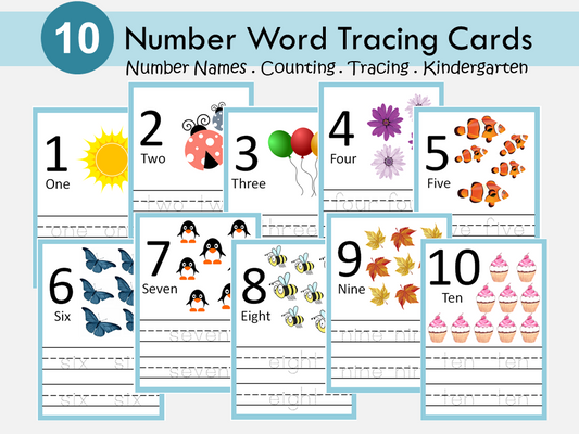 Number Words Tracing Cards, Number Tracing Worksheets, Counting to 10, Preschool, Handwriting Practice Sheet, Homeschool, Montessori, WWF206