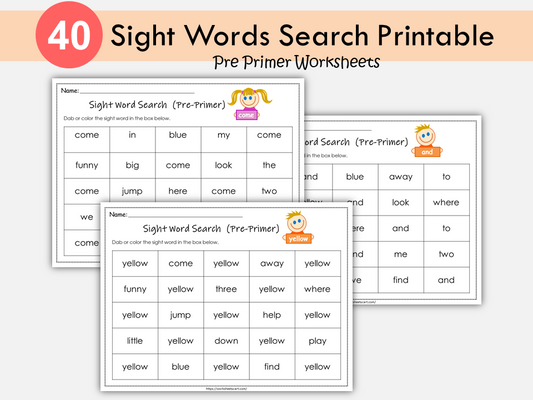 Sight Words Worksheets, Preschool Sight Words Workbook, Pre Primer 40 Sight Word Search Printable, Sight Word Practice, PreK, Kindergarten, WWF210