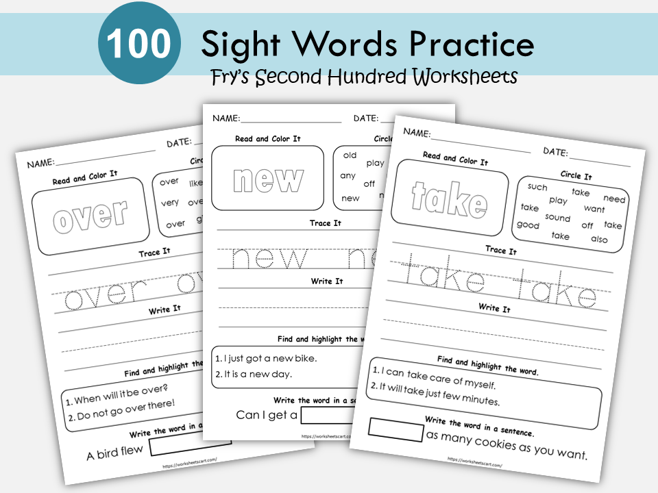100 Sight Words Worksheets, Fry Second Hundred Words Practice, Sight Word Workbook Printable, High Frequency Words, Homeschooling, Grade 1,2, WWF211