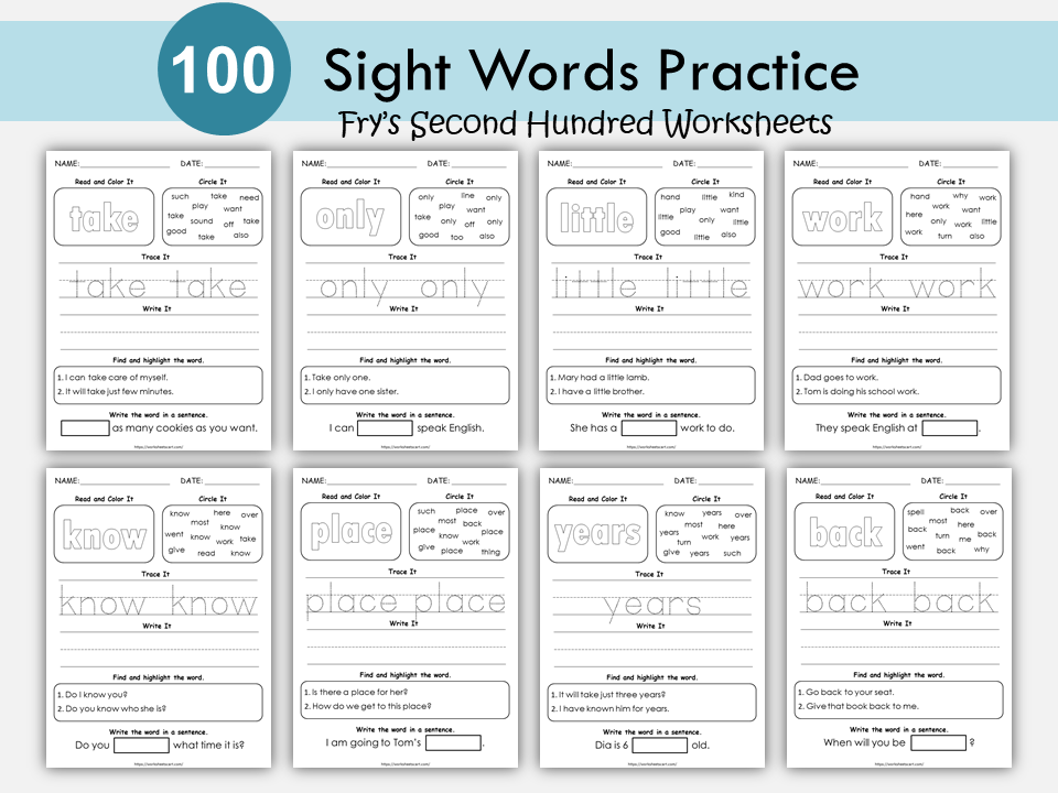 100 Sight Words Worksheets, Fry Second Hundred Words Practice, Sight Word Workbook Printable, High Frequency Words, Homeschooling, Grade 1,2, WWF211