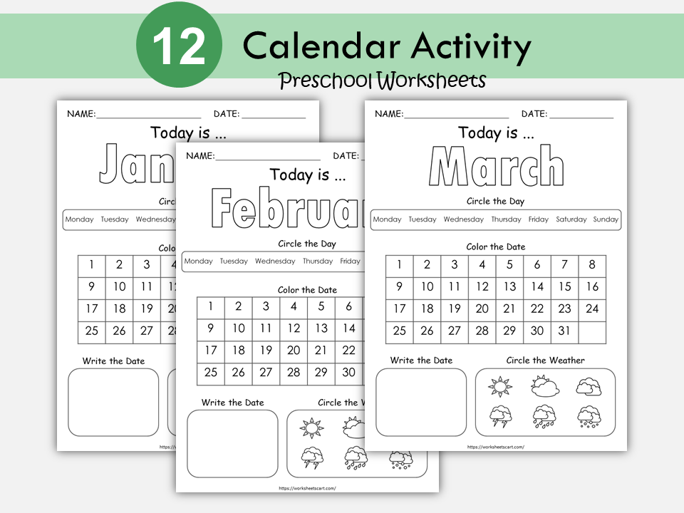 Calendar Worksheets for Kindergarten, Preschool Printable, Monthly Digital Calendar Pages, Month, Day, Date & Weather Activities, WWF213