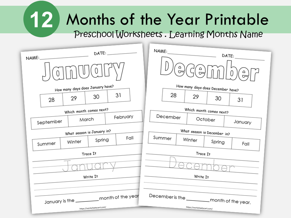 Months of the Year Worksheets Printable, Kindergarten Curriculum, Tracing, Toddler Folder, Montessori Resource, Preschool, Kids Homeschool, WWF215