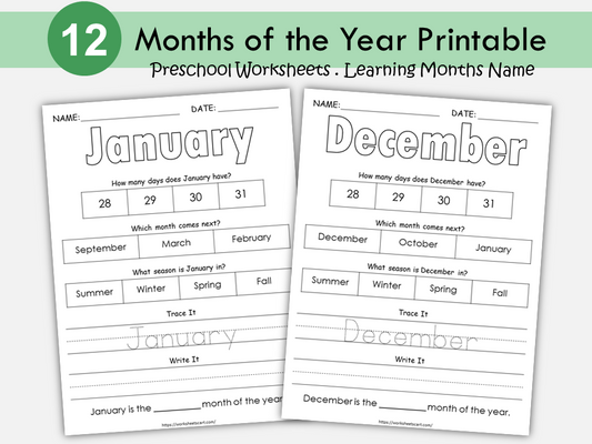 Months of the Year Worksheets Printable | Trace Write Identify Seasons and Order | Calendar Time Activities for Preschool and Kindergarten, WWF215