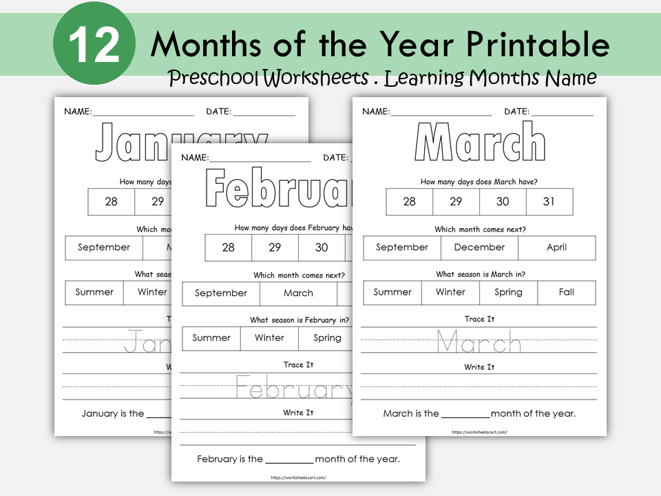 Months of the Year Worksheets Printable, Kindergarten Curriculum, Tracing, Toddler Folder, Montessori Resource, Preschool, Kids Homeschool, WWF215