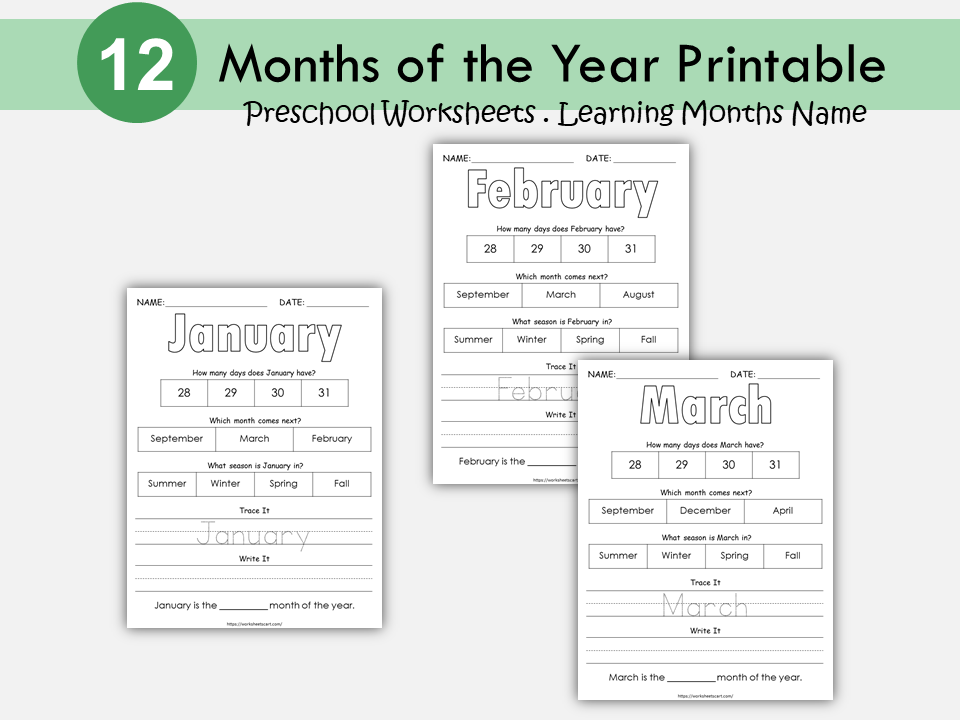 Months of the Year Worksheets Printable, Kindergarten Curriculum, Tracing, Toddler Folder, Montessori Resource, Preschool, Kids Homeschool, WWF215