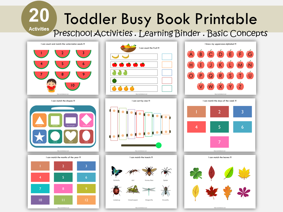 Toddler Busy Book Printable Worksheets, Preschool First Learning Binder, Learning Folder, Activity Book Binder for Children, Montessori PDF, WWF216