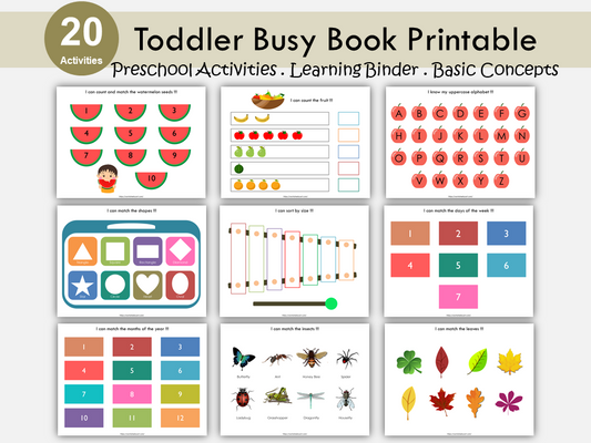 Toddler Busy Book Printable Worksheets, Preschool First Learning Binder, Learning Folder, Activity Book Binder for Children, Montessori PDF, WWF216