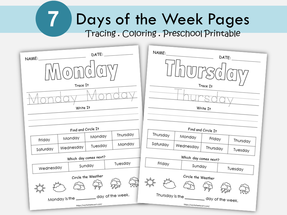 Days of the Week Worksheet, Days of the Week Worksheets Printable, Learning Days of the Week, Kindergarten, Grade 1, Montessori, Homeschool, WWF218
