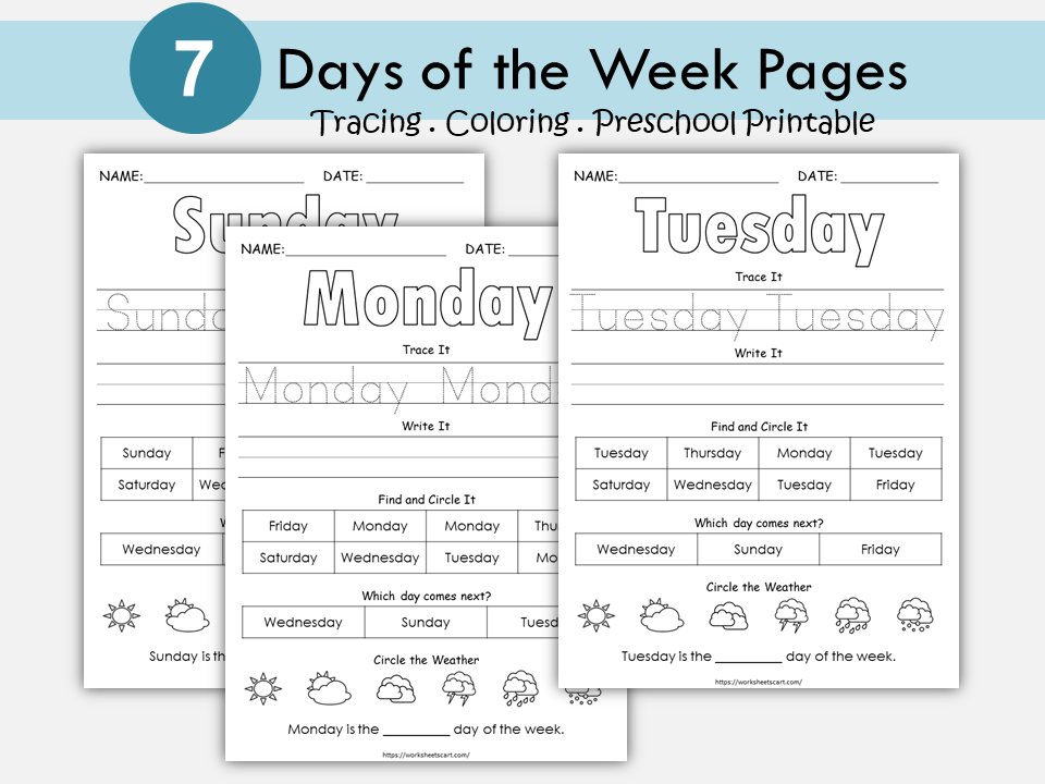 Days of the Week Worksheet, Days of the Week Worksheets Printable, Learning Days of the Week, Kindergarten, Grade 1, Montessori, Homeschool, WWF218