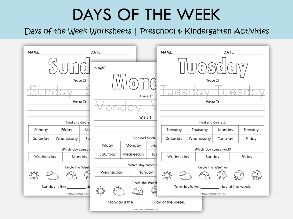 Days of the Week Worksheets Printable for Preschool & Kindergarten Learning, WWF218