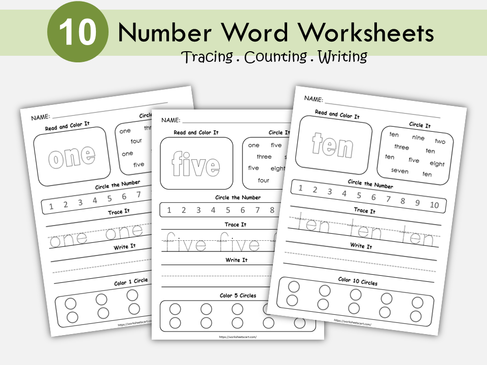 Numbers Worksheets, Learning Number Words 1-10, Preschool Worksheets Printable, Handwriting Practice, Kindergarten Math, Instant Download, WWF222
