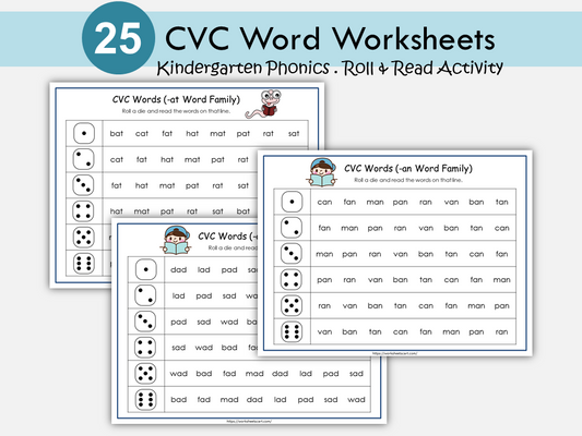 25 Roll a Die and Read CVC Words Printable | Reading Fluency | Fun Phonics Activity for Kindergarten & Preschool | CVC Word Practice Game, WWF243
