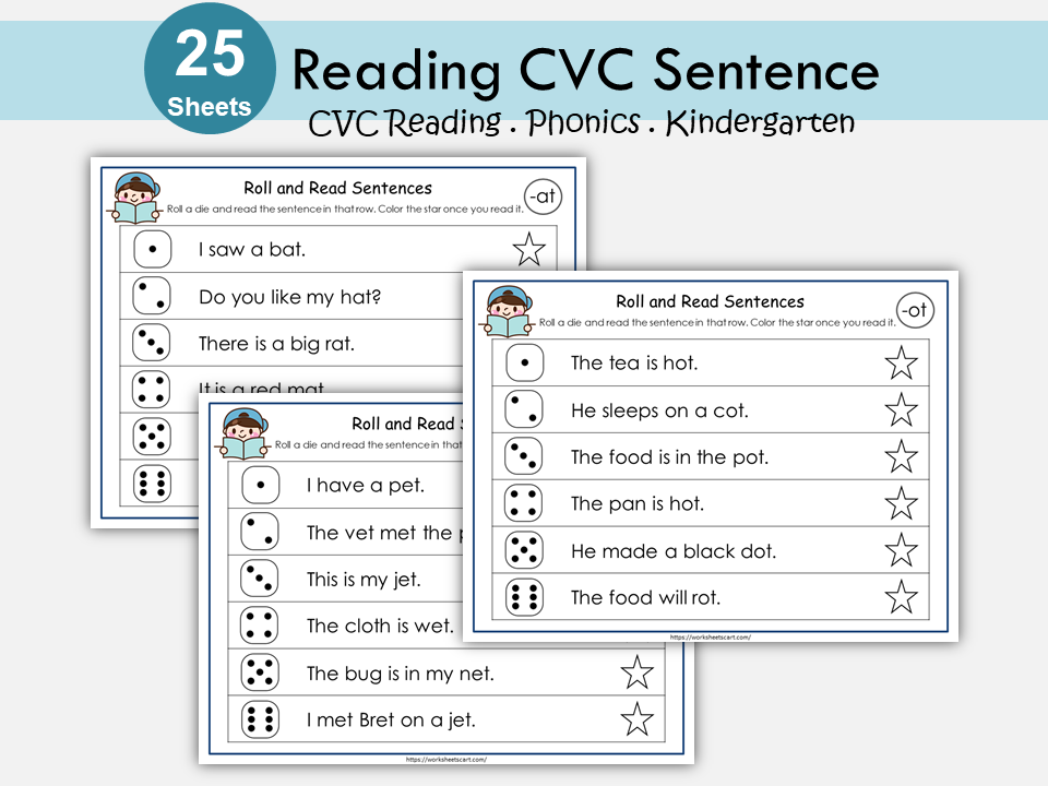 Phonics CVC Words Printable for Kindergarten, CVC Sentences Worksheets, Roll & Read Activity, CVC Word Families Reading Printables, WWF244